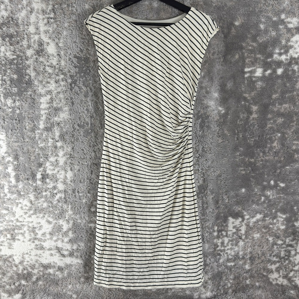 Ann Taylor LOFT Size XS Ruched Striped Knit Sheath‎ Dress Ivory Black Cap Sleeve